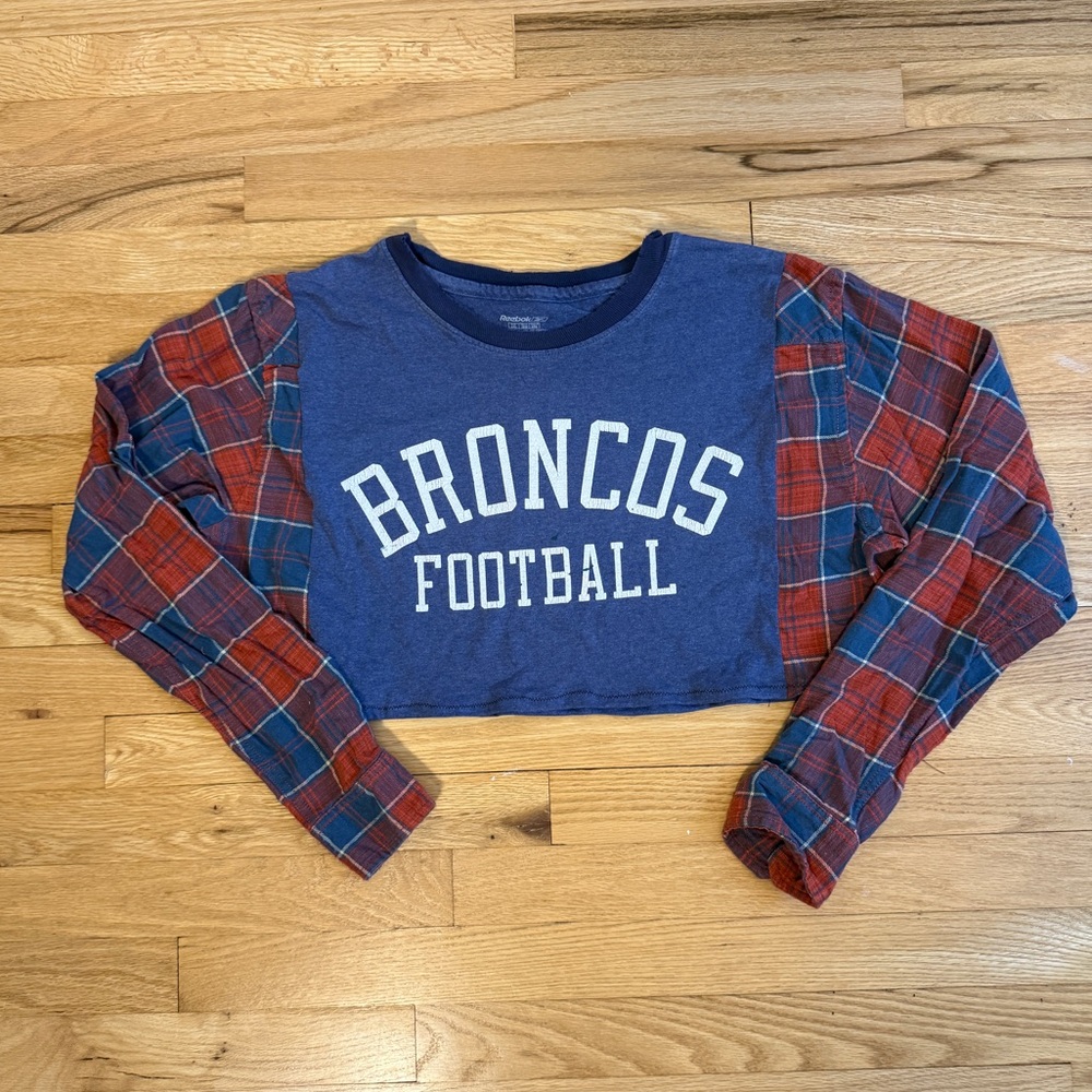 Upcycled Denver Broncos Football Blue Cropped Top with Plaid Sleeves
